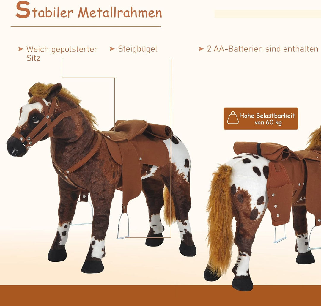 HOMCOM Reitpferd Spielpferd zum Reiten Stehpferd mit Sattel, Sound, Steigbügel Plüschpferd für Kinde