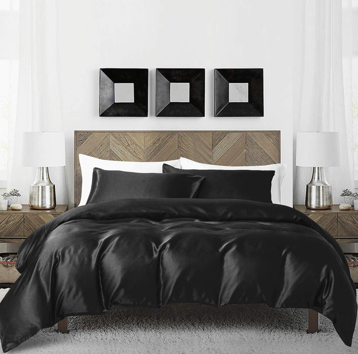 Damier Bettwäsche 135x200cm Schwarz Satin Bettbezug Set Uni Einfarbig Deckenbezug Hochwertiges Delux