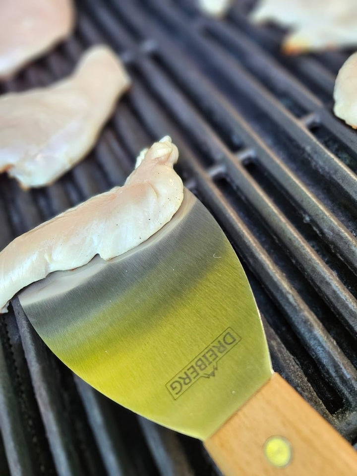 Grillspachtel Set mit Buchenholz und Edelstahl inkl. 20 STK. Burgerpapier - Grill Pfannenwender für