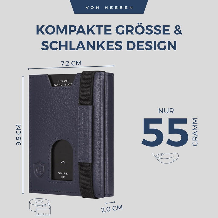VON HEESEN Leder Slim Wallet - Geldbeutel mit RFID Schutz - Mini Geldbörse für Herren und Damen - Ka