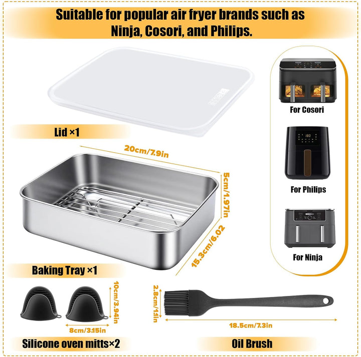 Kleine Auflaufform für Airfryer 20 * 15 * 5cm Edelstahl Auflaufform für Heissluftfritteuse mit Decke