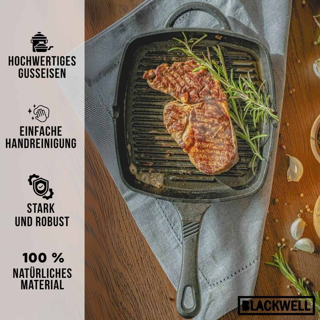 Blackwell Grillpfanne | Gusseisen | 23 x 23 cm | Ohne Antihaftbeschichtung | Alle Herdarten Grillpfa