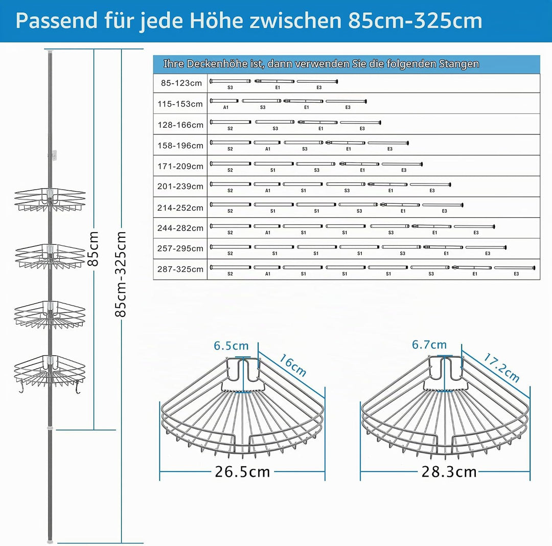 Teleskop Duschregal ohne Bohren Duschablage Ecke Metall Eckregal Bad Badregal Organizer Höhenverstel