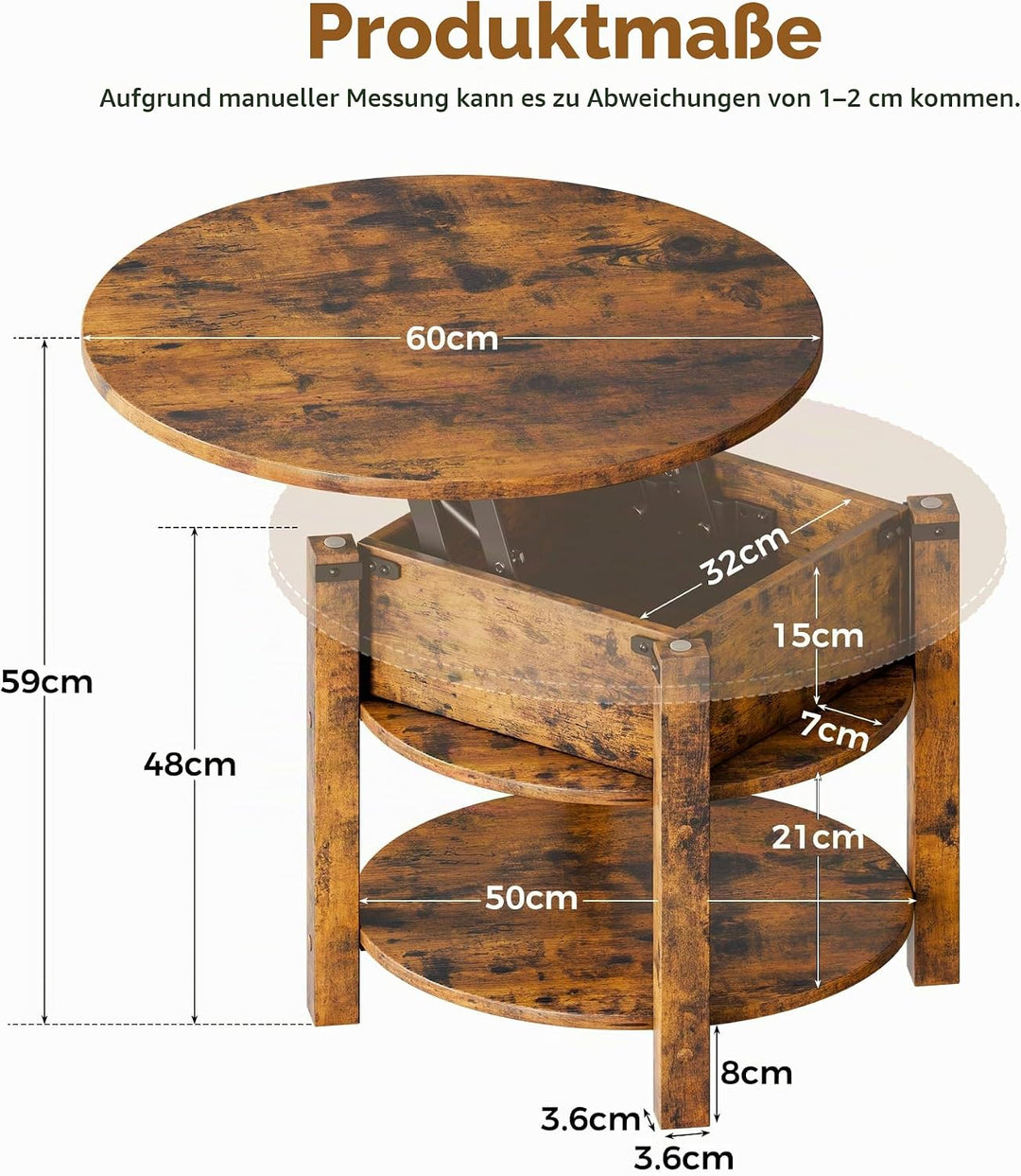 ELUCHANG Couchtisch Rund mit Hebeplatte, Couchtisch Höhenverstellbarer 2 in 1, Beistelltisch Wohnzim