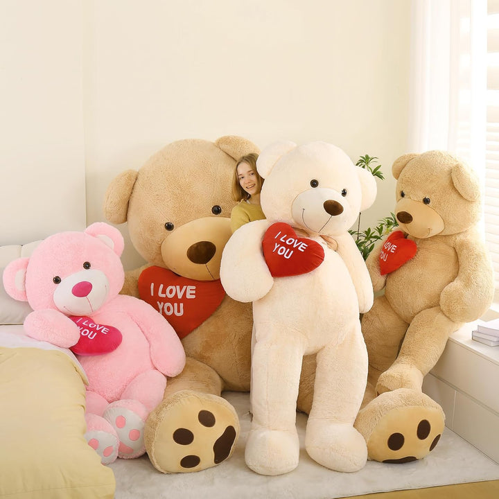 MorisMos 90cm Süss Teddybär gross XXL mit Rot Herz I Love You, Beige Riesen Teddy Bär als Geburtstag