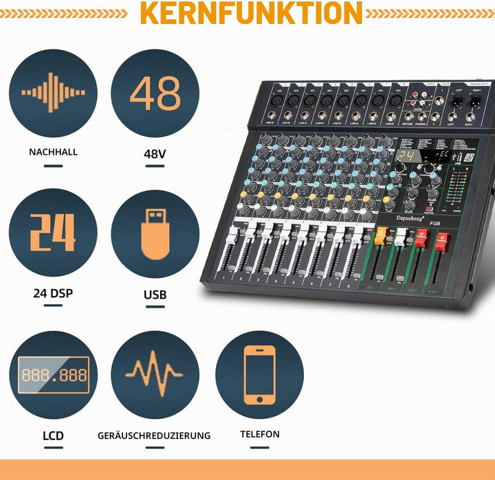 Depusheng FG8 Professioneller 8-Kanal-Audio-Mixer für Computeraufnahmen, Sound-Controller-Schnittste