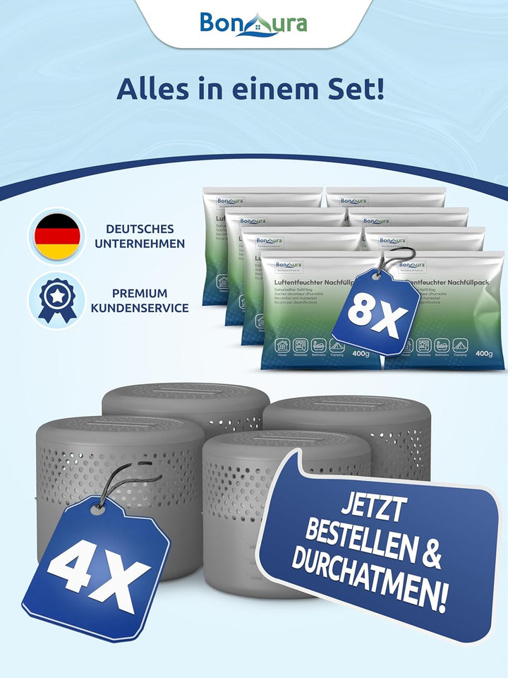 BonAura® 4x Luftentfeuchter ohne Strom + 8x 400g Luftentfeuchter Nachfüllpack - Raumentfeuchter bis