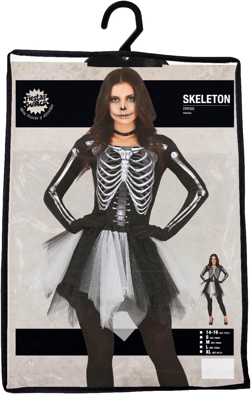 FIESTAS GUIRCA Skelett Lady Halloween Kostüm Damen – Kleid mit 3D Skelett Aufdruck und Schwarz Weiss