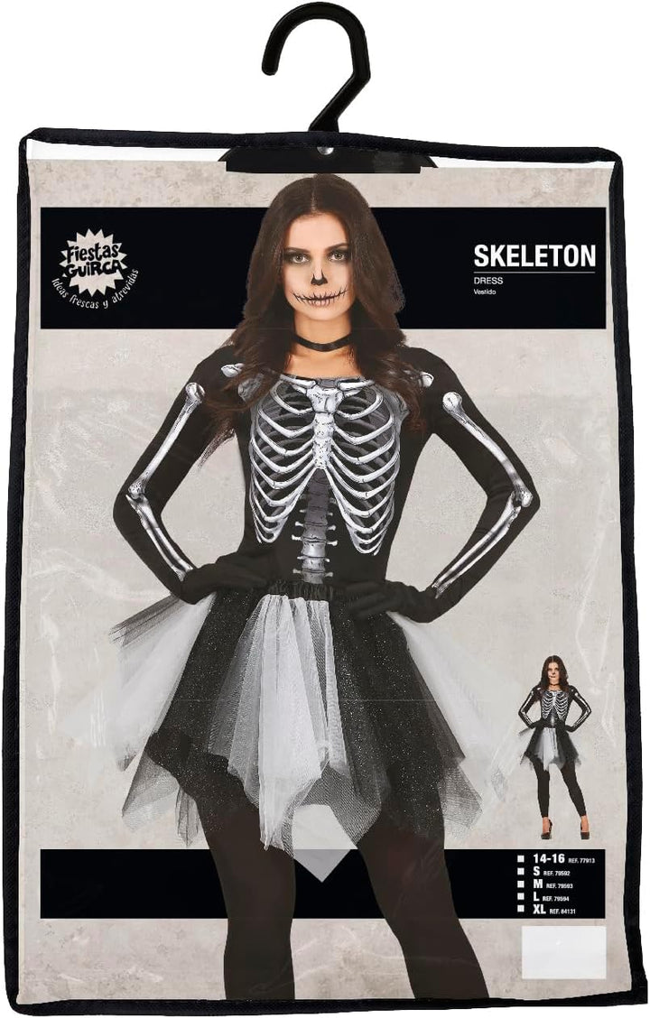FIESTAS GUIRCA Skelett Lady Halloween Kostüm Damen – Kleid mit 3D Skelett Aufdruck und Schwarz Weiss
