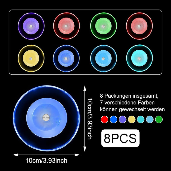 8 Stück LED Untersetzer,Bunt LED Untersetzer mit 7 Lichtmodi,acryl Rund wasserdichtes Leuchtunterset