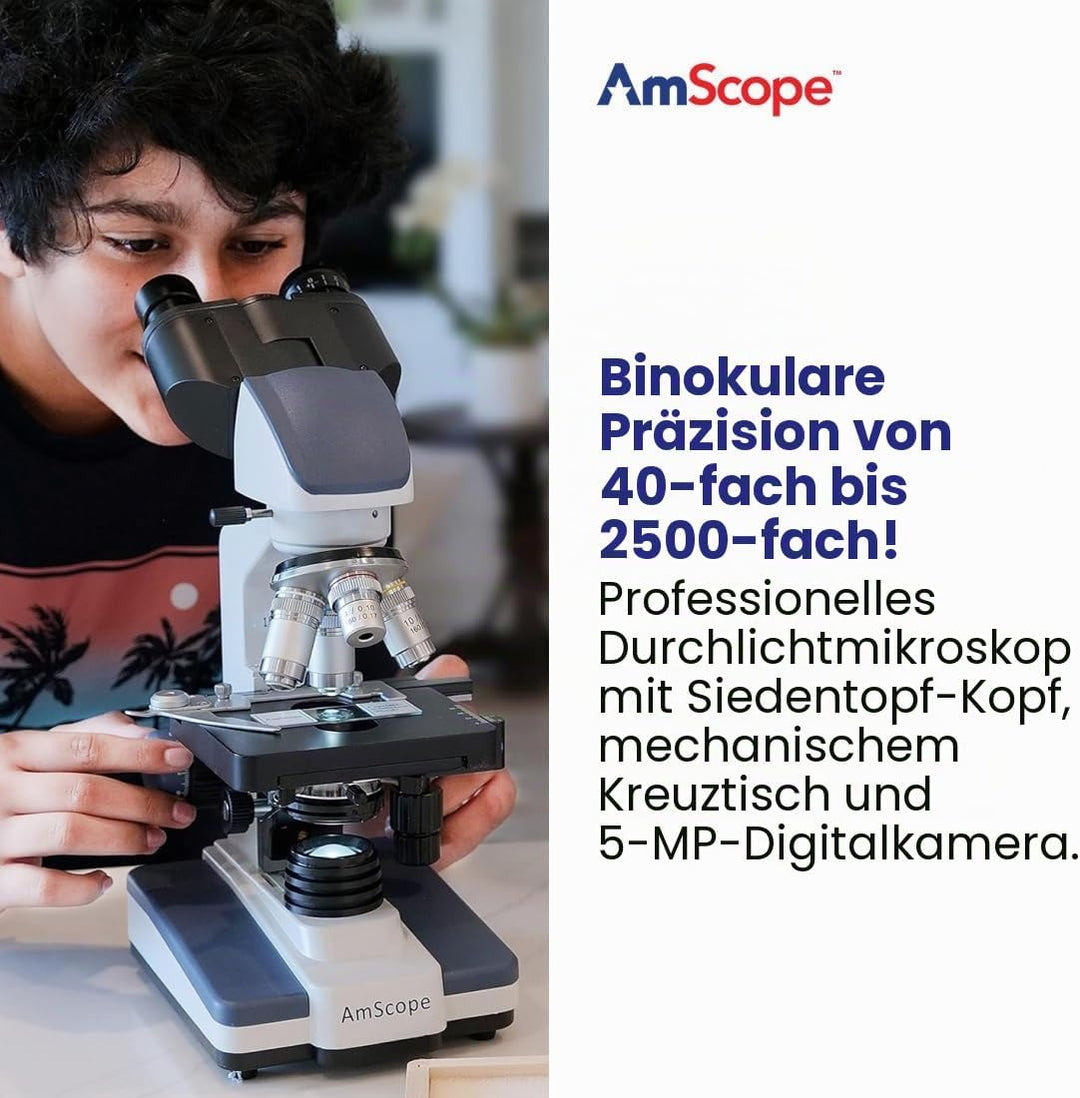 AmScope B120C-E5 40X-2500X LED Digitales Binokular-Verbundmikroskop mit 3D-Bühne und 5MP USB-Kamera