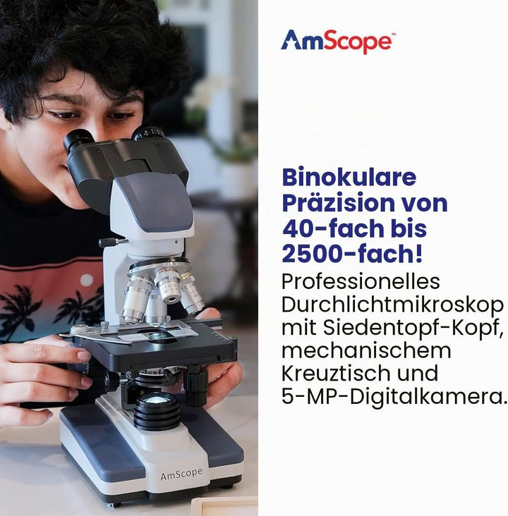 AmScope B120C-E5 40X-2500X LED Digitales Binokular-Verbundmikroskop mit 3D-Bühne und 5MP USB-Kamera