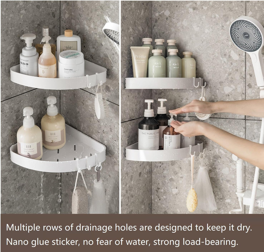 Duschablage Ohne Bohren Ecke, Duschregal Ecke Weiss mit 4 Haken, Badezimmer Regal Badregal, Eckregal
