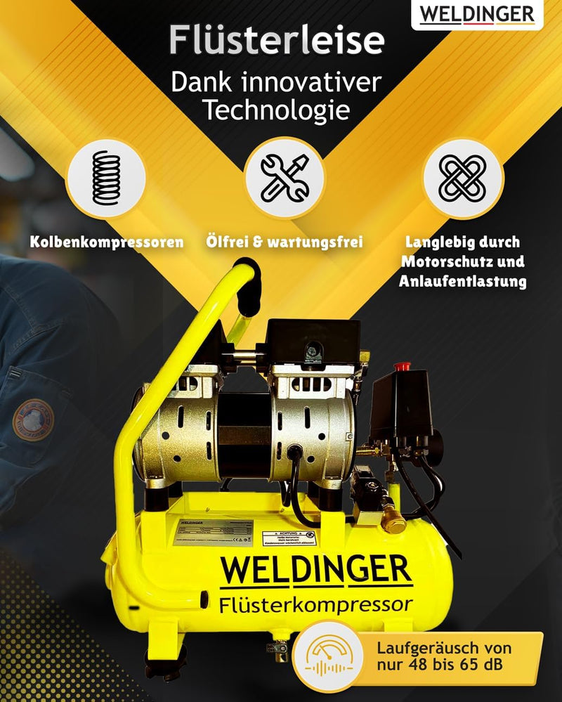 WELDINGER Flüster Kompressor FK 65 pro 750 W 90 l Luftabgabe innenbeschichteter Tank 9 bar max. FK 6