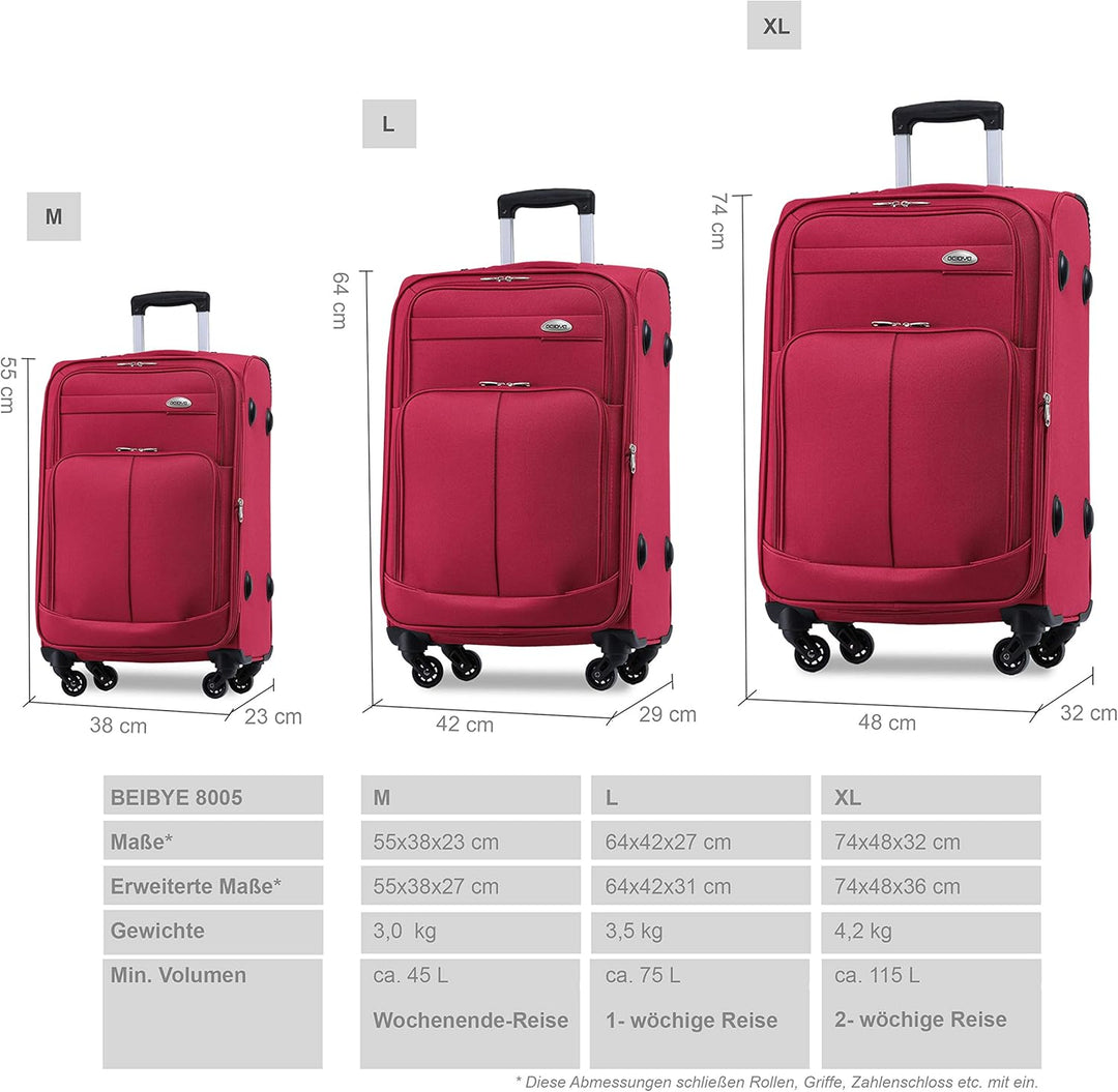 BEIBYE 4 Rollen Reisekoffer 3tlg.Stoffkoffer Handgepäck Kindergepäck Gepäck Koffer Trolley Set-XL-L-