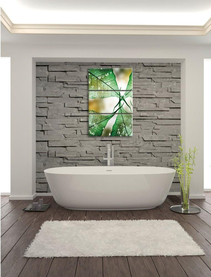 Pixxprint Grüne Blätter / 3-Teilig/Gesamtmass 120cm Leinwandbild bespannt auf Holzrahmen/Wandbild Ku