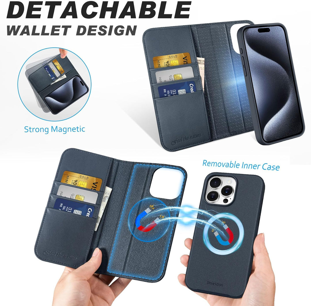 SHIELDON Hülle für iPhone 15 Pro Max, Abnehmbare Handyhülle [Echtleder] [kabelloses Laden] [RFID Blo