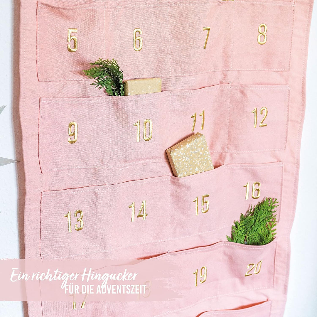 Papierdrachen Adventskalender 2023 als Wandkalender aus Stoff zum Befüllen - rosa &amp; gold - hochwerti