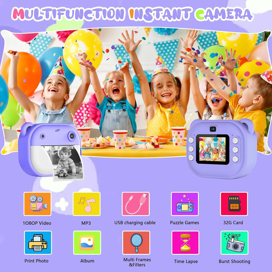 Kinderkamera Sofortbildkamera mit Druckpapier &amp; 32GB TF Karte, 1080P Digitalkamera Kinder Sofortdruc