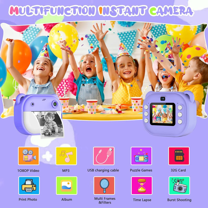 Kinderkamera Sofortbildkamera mit Druckpapier &amp; 32GB TF Karte, 1080P Digitalkamera Kinder Sofortdruc