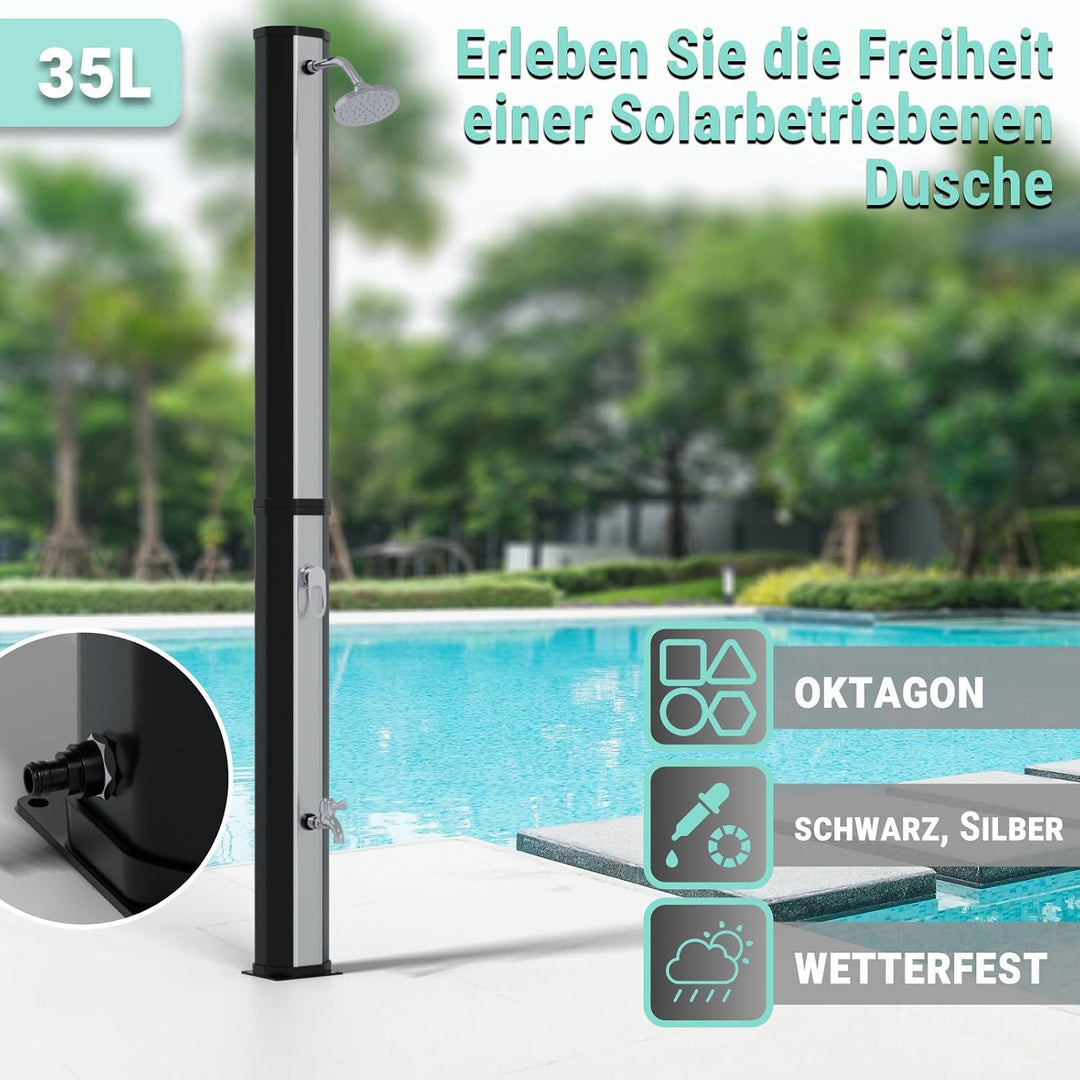 HAGO Solardusche | 35L | eckig | Schwarz/Silber | Pooldusche | Campingdusche | Gartendusche | Outdoo