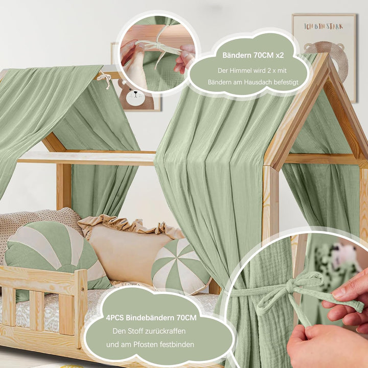 Hausbett Himmel Deko Set, Betthimmel Hausbett aus Musselin - 2 Betthimmel & 1 Wimpelkette, für Junge