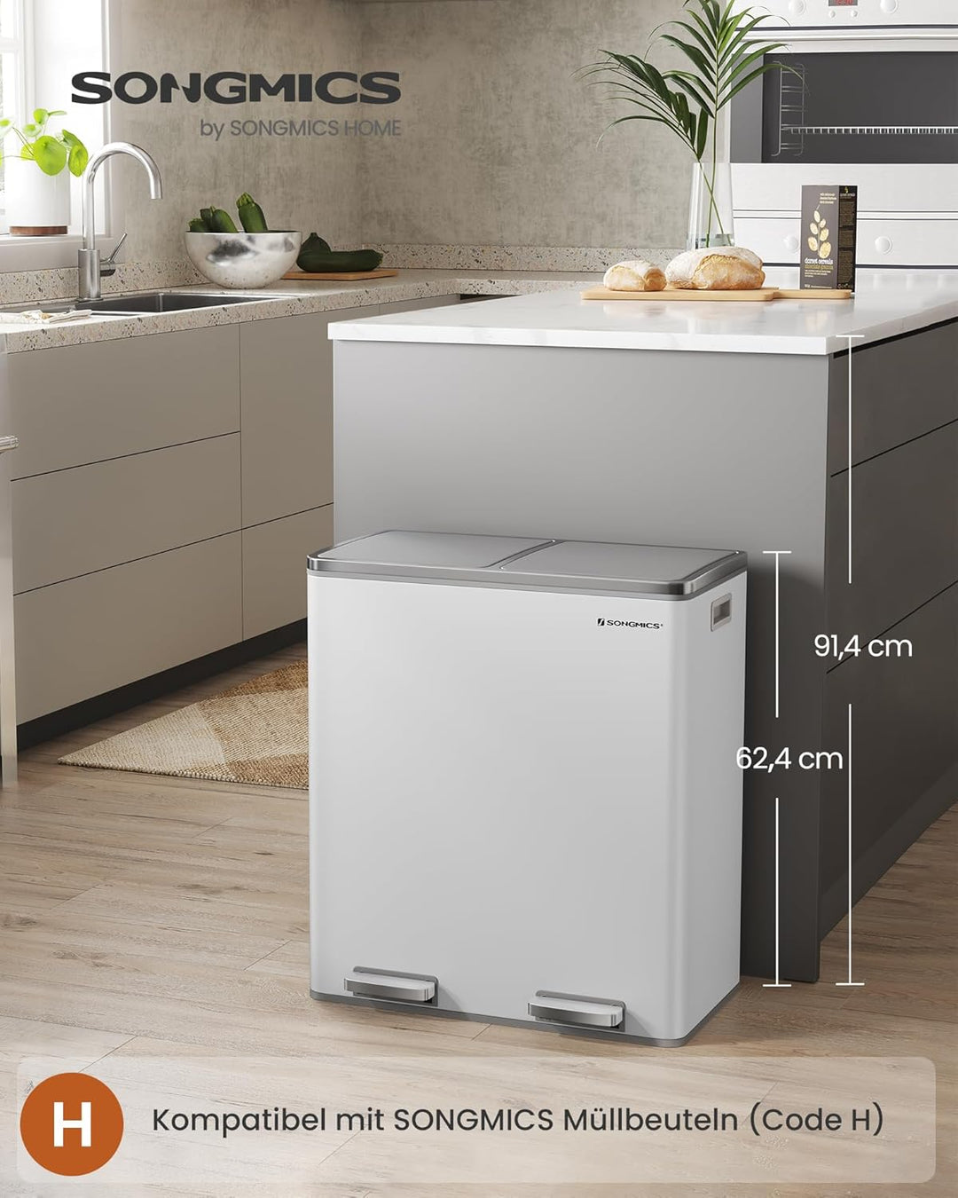 SONGMICS Mülleimer, 2 x 30 Liter, 2 Fächer, Mülltrennsystem, Treteimer, Abfalleimer Küche, 15 Müllsä