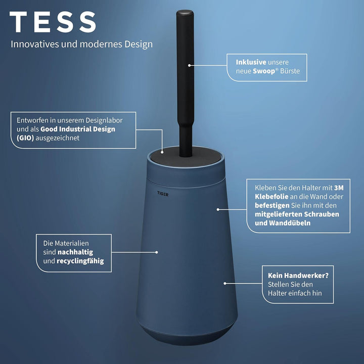 Tiger Tess Toilettenbürstenhalter mit flexibler Swoop WC-Bürste, WC-Bürstengarnitur freistehend oder