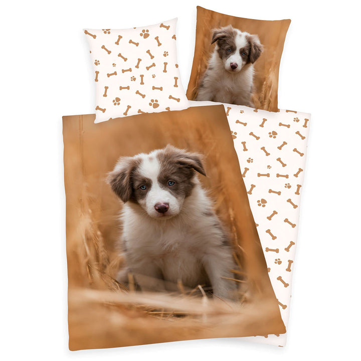 Klaus Herding GmbH Bettwäsche Set mit Hund Welpe135 x 200 cm 80 x 80 cm 100% Baumwolle