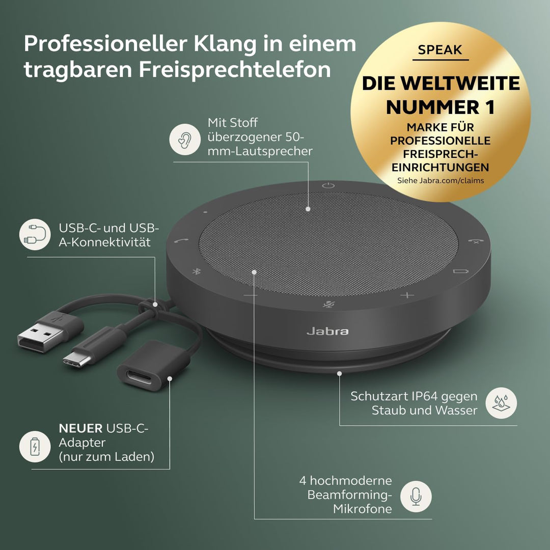 Jabra Speak2 55 Bluetooth-Freisprechlösung, 4 Mikrofone mit Geräuschunterdrückung, 50 mm Breitband-L