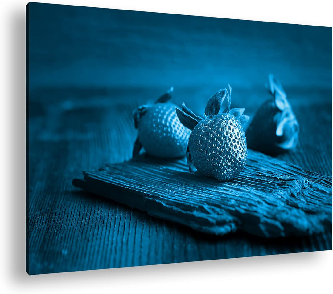 deyoli drei appetitliche Erdbeeren Format 80x60 Effekt: Monocrome Blau als Leinwandbild, Motiv ferti