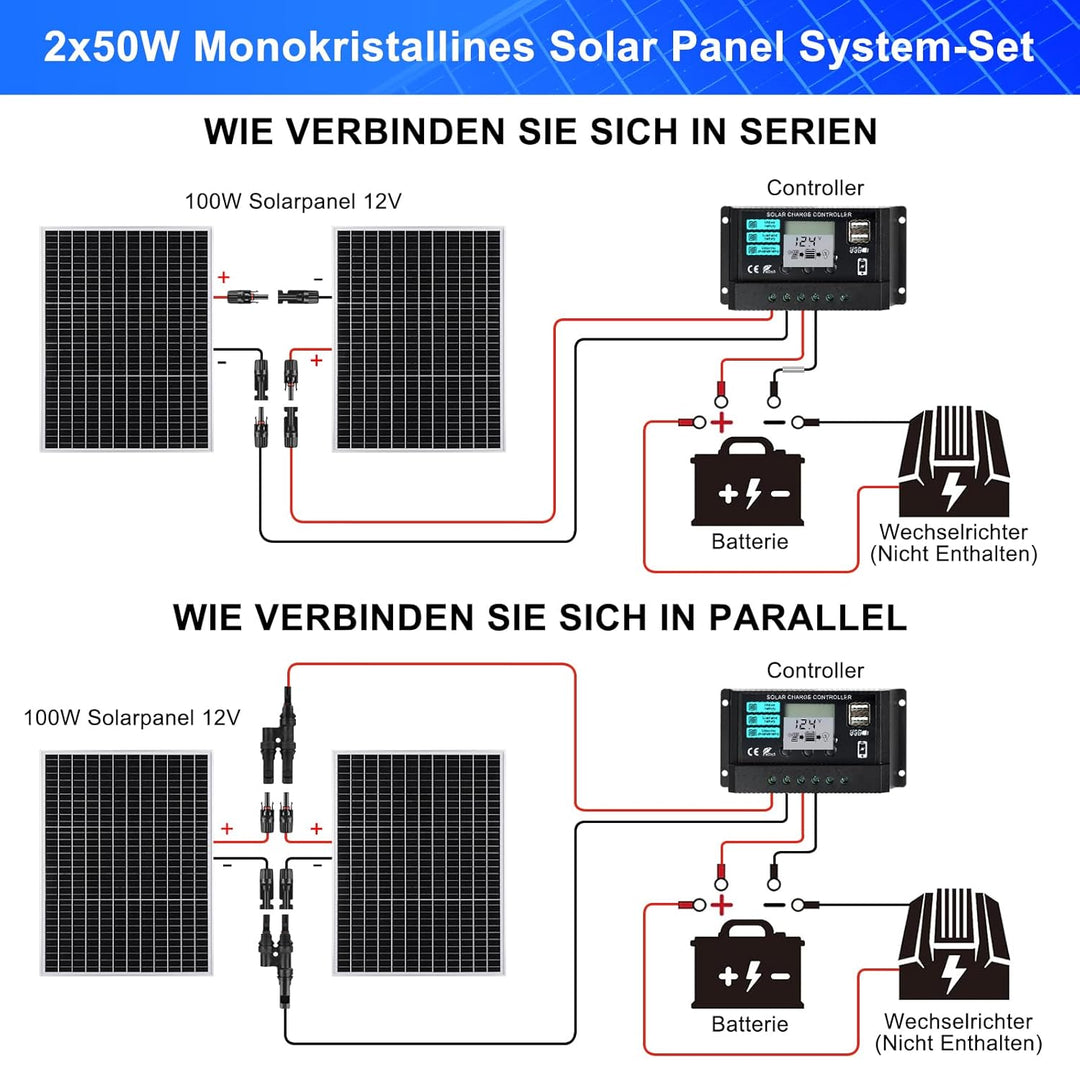 【100W Solarpanel 12V Kit】DERUXI 100W Solar Panel 12V Solarmodul Set: 2 Pcs 50W Monokristalline Solar
