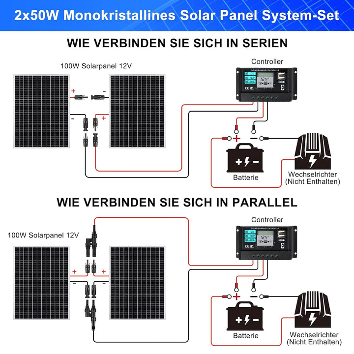 【100W Solarpanel 12V Kit】DERUXI 100W Solar Panel 12V Solarmodul Set: 2 Pcs 50W Monokristalline Solar