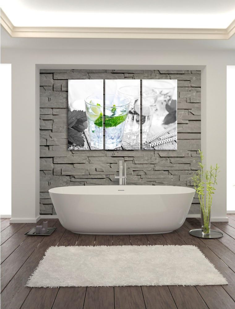 Pixxprint Mojito-Gläser mit Minze B&W Detail 3-Teiler Leinwandbild 120x80 Bild auf Leinwand