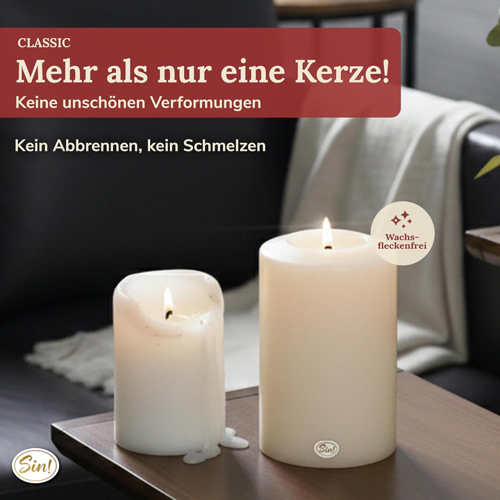 Sin! Teelichthalter Classic warmweiss - ∅ 10cm, Höhe 18cm. Die Kerze die Nicht schmilzt! - Dauerkerz
