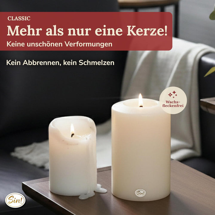 Sin! Teelichthalter Classic warmweiss - ∅ 10cm, Höhe 25cm. Die Kerze die Nicht schmilzt! - Dauerkerz