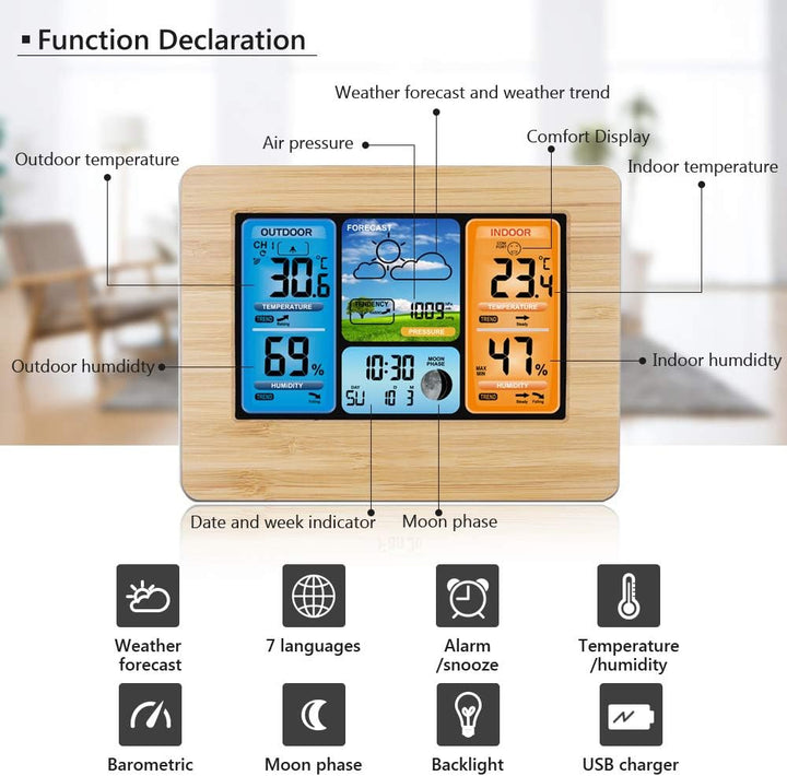 ONEVER Funkwetterstation Digital Color Forecast Wetterstation Mit Alarm und Temperatur/Feuchte/Barom