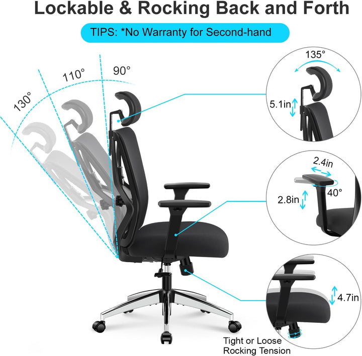 Ticova Bürostuhl Ergonomisch Schreibtischstuhl, Hoher Rücken Ergonomischer Stuhl mit Verstellbarer L