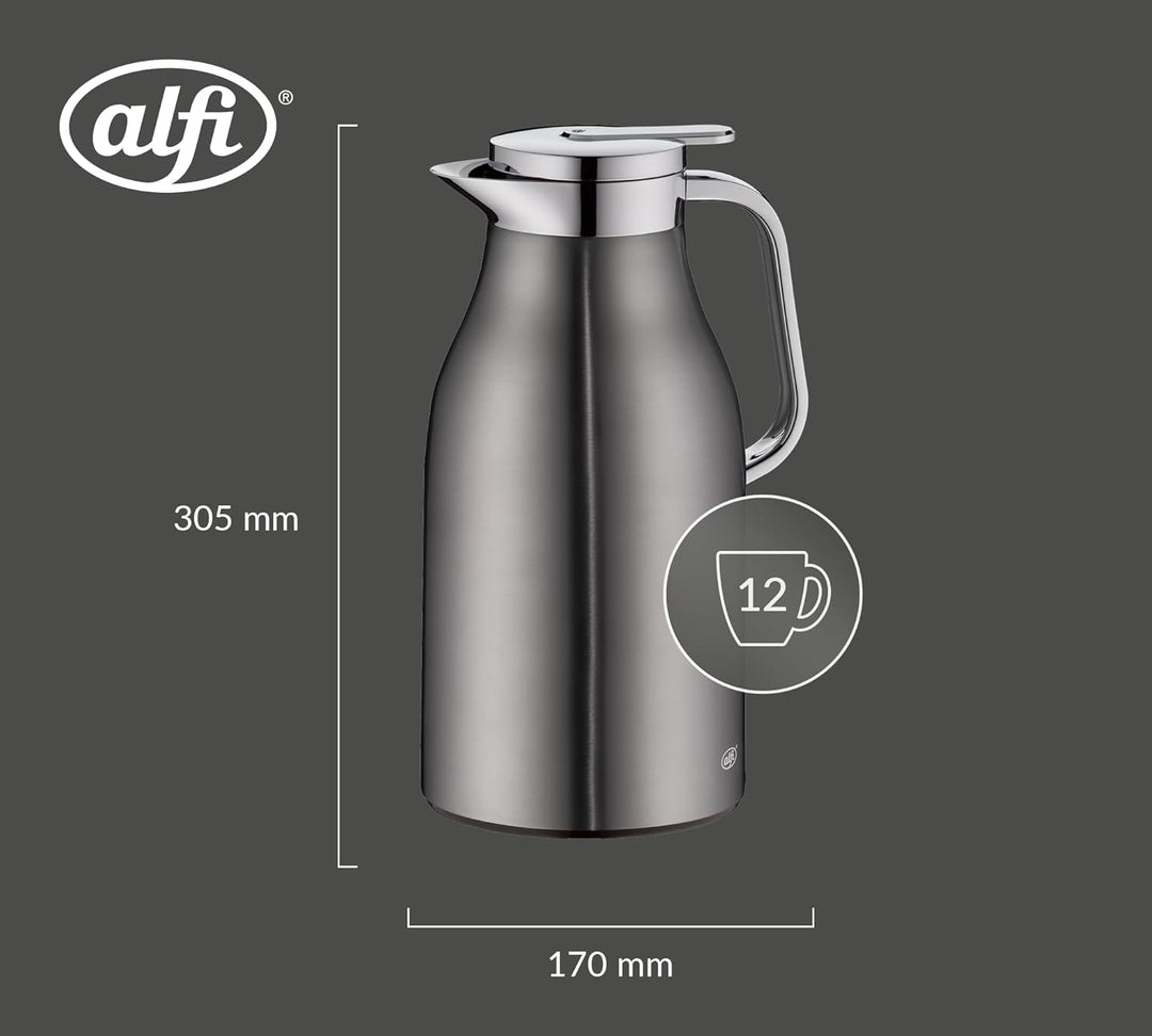 alfi SKYLINE 1,5l, cool grey, Edelstahl-Isolierkanne mit hygienischem Hartglaseinsatz, Drehverschlus