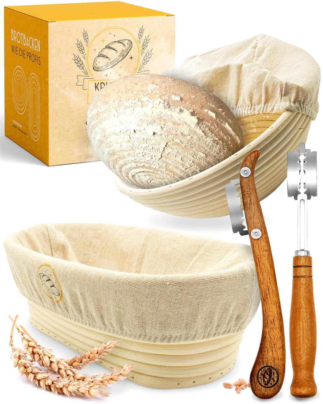 KRUSTENZAUBER Gärkorb zum Brotbacken + Bäckermesser - Set aus 2x Gärkörbchen u. 2x Teigmesser - Brot