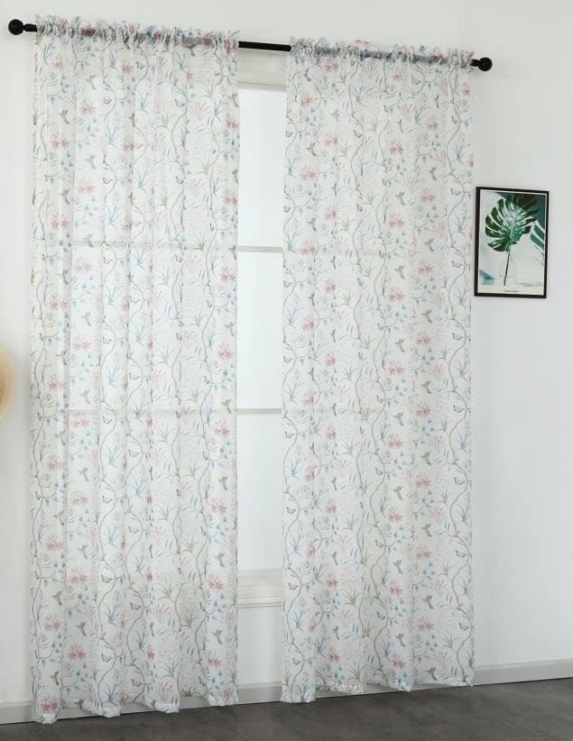 1 Paar weisse Voile-Vorhänge mit Kolibri-Schmetterling-Design mit Schlitzen – 140 cm x 137 cm Länge