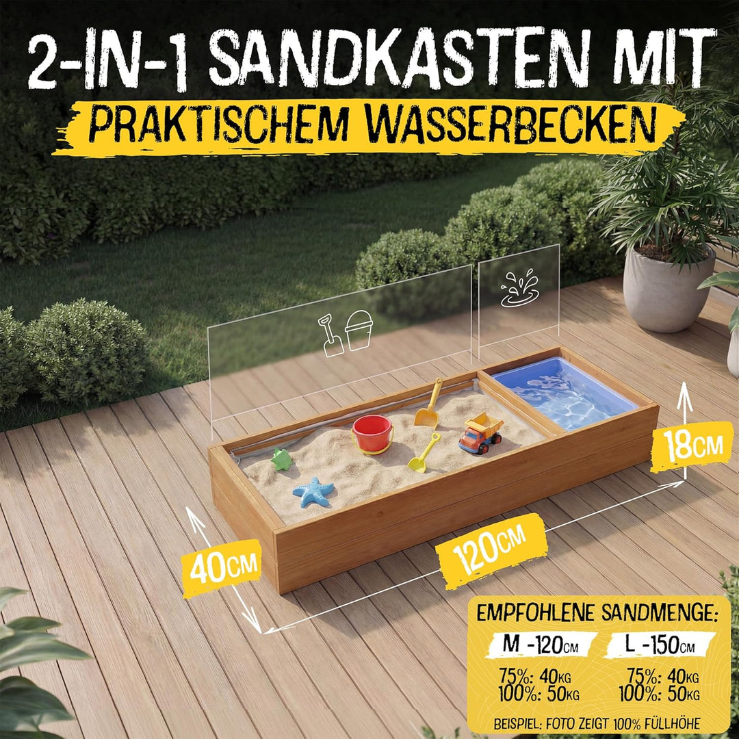 FRIEDO Sandkasten mit Abdeckung 120x40cm aus lasiertem Holz und Deckel I Sandkasten mit Matschküche