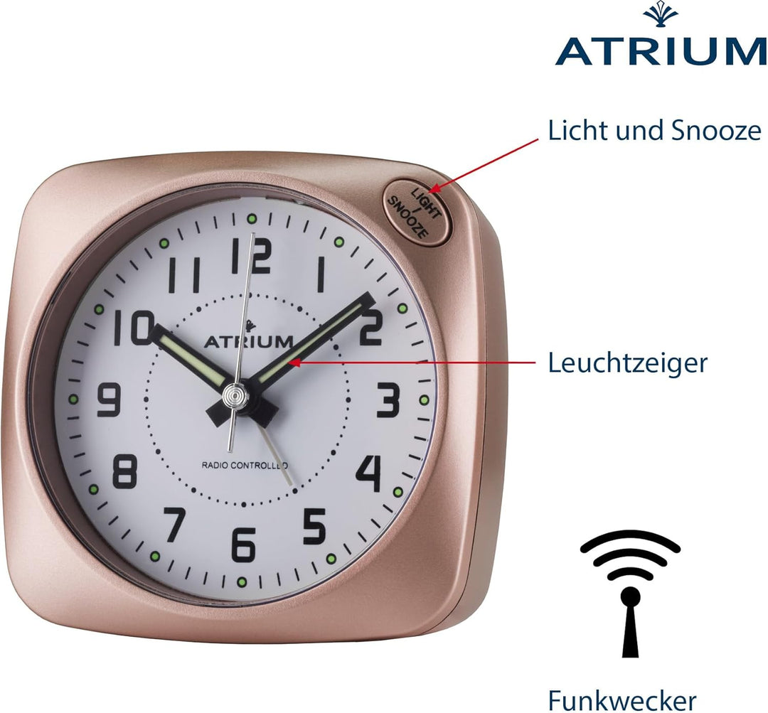 Atrium Funkwecker Analog Quarz ohne Ticken grosse Zahlen sehr deutlich mit Licht und Snooze rosé A61