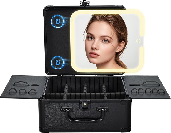 Make-up-Koffer mit beleuchtetem Magnetspiegel, Make up Koffer, Kosmetikkoffer mit 3-Farben-LED-Spieg
