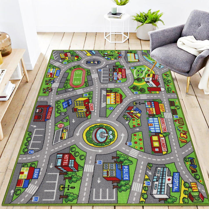 Capslpad Autoteppich Kinder 100x160cm rutschfest Kinderteppich Stadtplan Interaktiver Spielteppich W