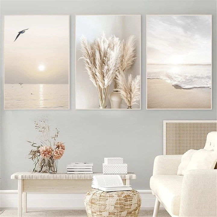 SWECOMZE 3er Poster Set Wohnzimmer - Bilder Deko Schlafzimmer - Sonnenuntergang Strand Stilvolle Wan