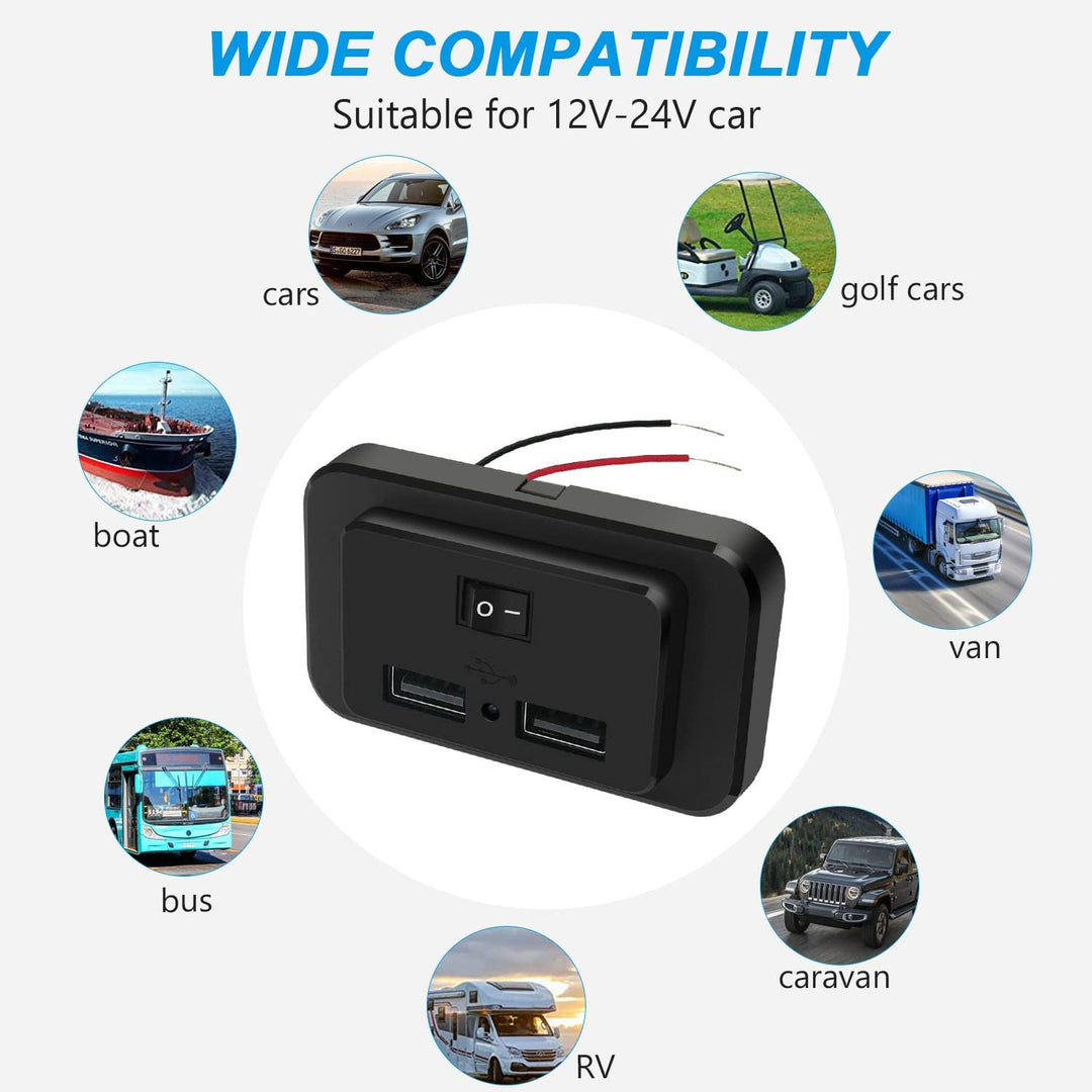 2 Stück Kfz-Ladegerätestecker, Dual USB, 4,8 A, mit Schalter, 12 V/24 V, USB-Bedienfeld, Schnelllade
