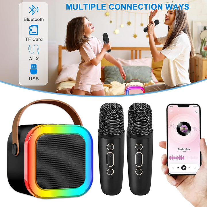 Mini Karaoke Maschine mit 2 Drahtlosen Mikrofonen, Karaoke Maschine Kinder, tragbarer Bluetooth-Laut
