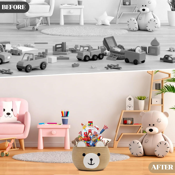 Aufbewahrungskorb für Kinder in Bärenform aus Baumwollseil, runder Spielzeugkorb mit versteckten Gri