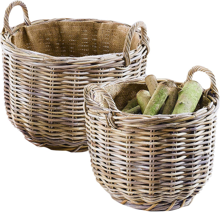 Kobolo Holztrage Holzkorb für Kaminholz Kaminholzkorb - rund, grau - Rattan - 2er Set